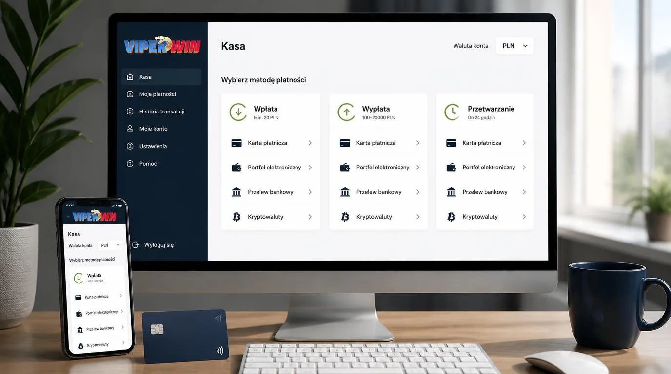 Panel kasy kasyna z kontem w PLN, wyborem płatności i limitami wpłat oraz wypłat