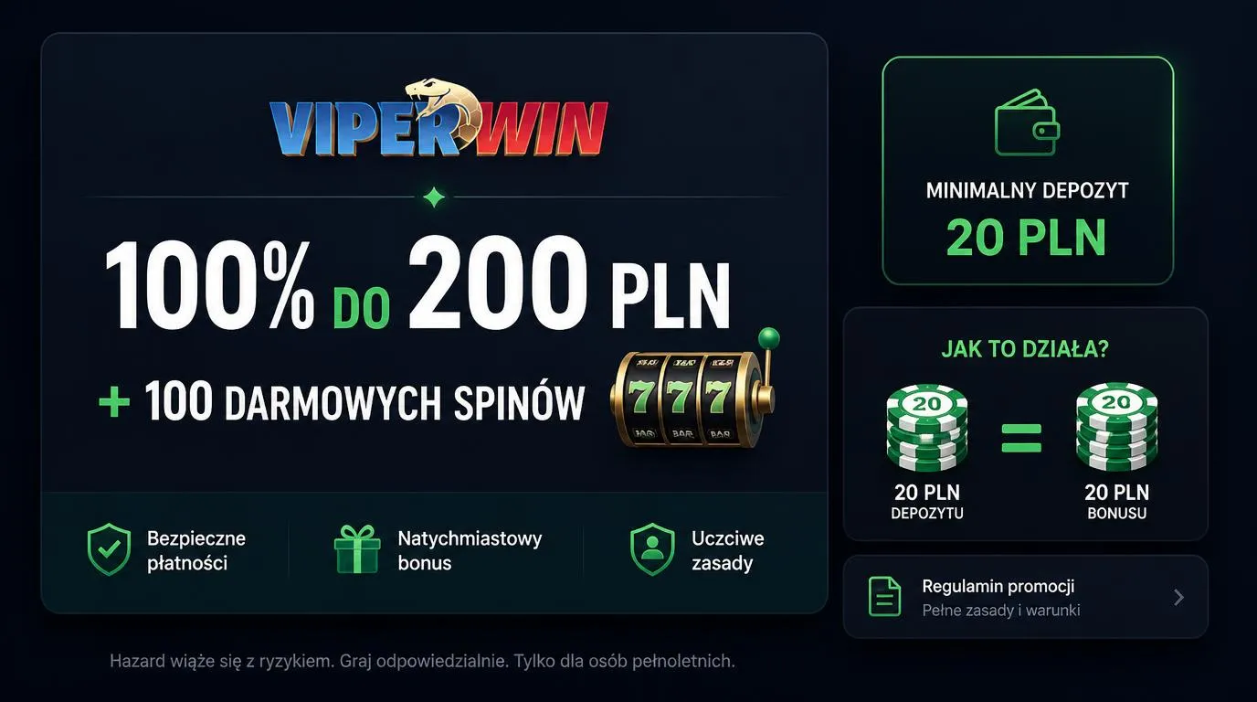 Panel bonusu powitalnego z ofertą 100% do 200 PLN, 100 darmowymi spinami i minimalnym depozytem 20 PLN